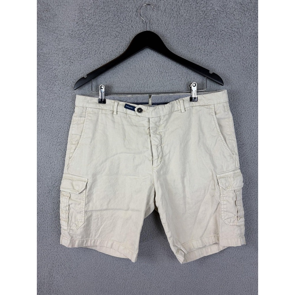 Peter Millar Mens 36 Beige Linen Cotton Stretch 10in Cargo Shorts Tailored Fit